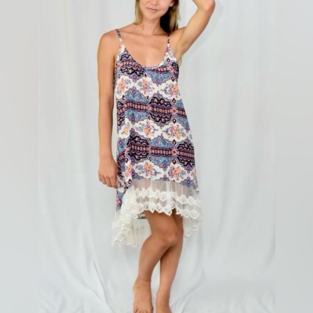 Reborn J Maxi Strappy Dress Neon Floral Print with Asymmetrical Lace Hem